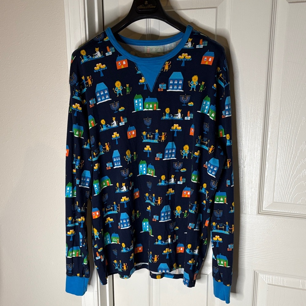 Men’s Hanukkah Black Blue Lion Menorah Long Sleeve Pajama PJ Shirt Sleepwear XXL